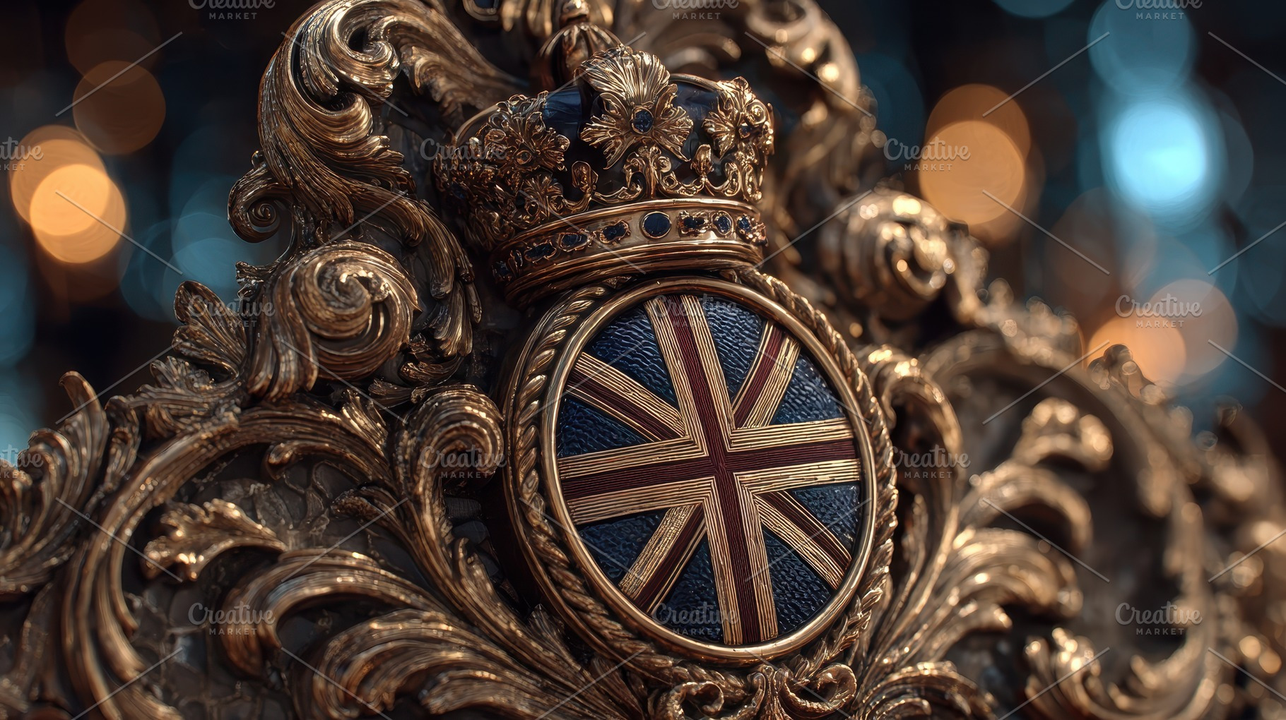 Ornate gold crown Union Jack emblem, a Photo by Pixeness Studio