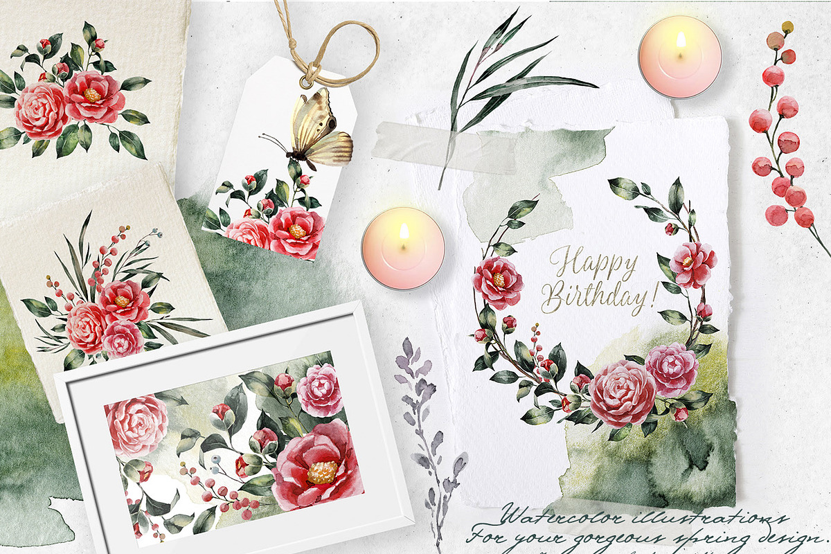 Spring watercolor camellia set, an Illustration by RushkinaAntonina (Photo 2 of 6)