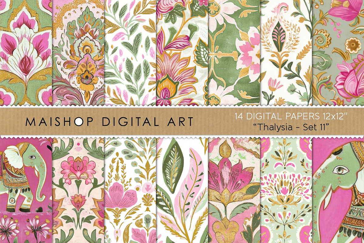 Vibrant Pink & Green Indian Patterns, a Pattern Graphic by Maishop (Photo 1 of 3)