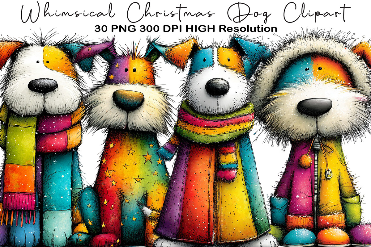 Whimsical Christmas Dog Clipart, an Illustration by Black Bird Studio (Photo 1 of 6)