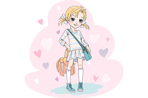 Vector Baby Girl With Bag And Toy