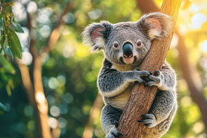 Cute koala bear climbs tree branch i, a Photo by Iftikhar Alam