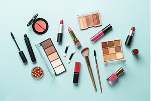 Beauty products on blue background., a Beauty & Fashion Photo by Nadia-nb