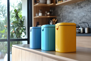 Colorful waste bins standing in a row in the home kitchen, a Photo by AlyaAnd
