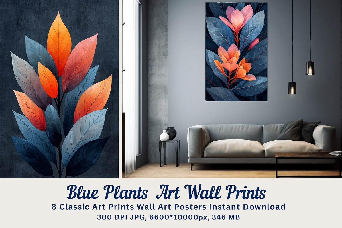 8 blue plant leaves art wall print, a Decorative Illustration by ARTOZEN DIGITAL (Photo 1 of 13)