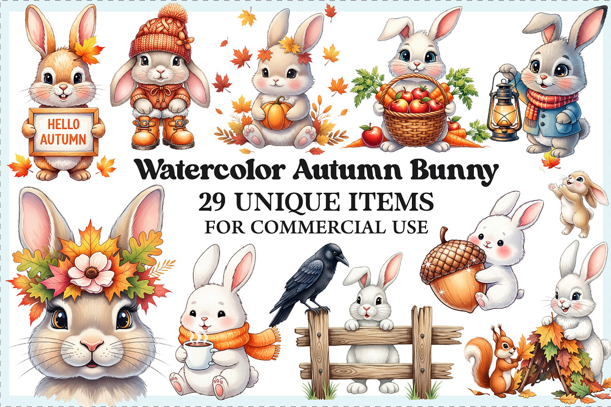 Watercolor Autumn Bunny Clipart, an Illustration by Craft Nest (Photo 1 of 6)