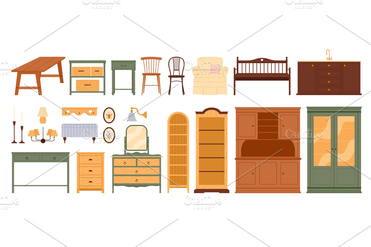 Rustic wooden furniture and home, an Object Illustration by Flashvector