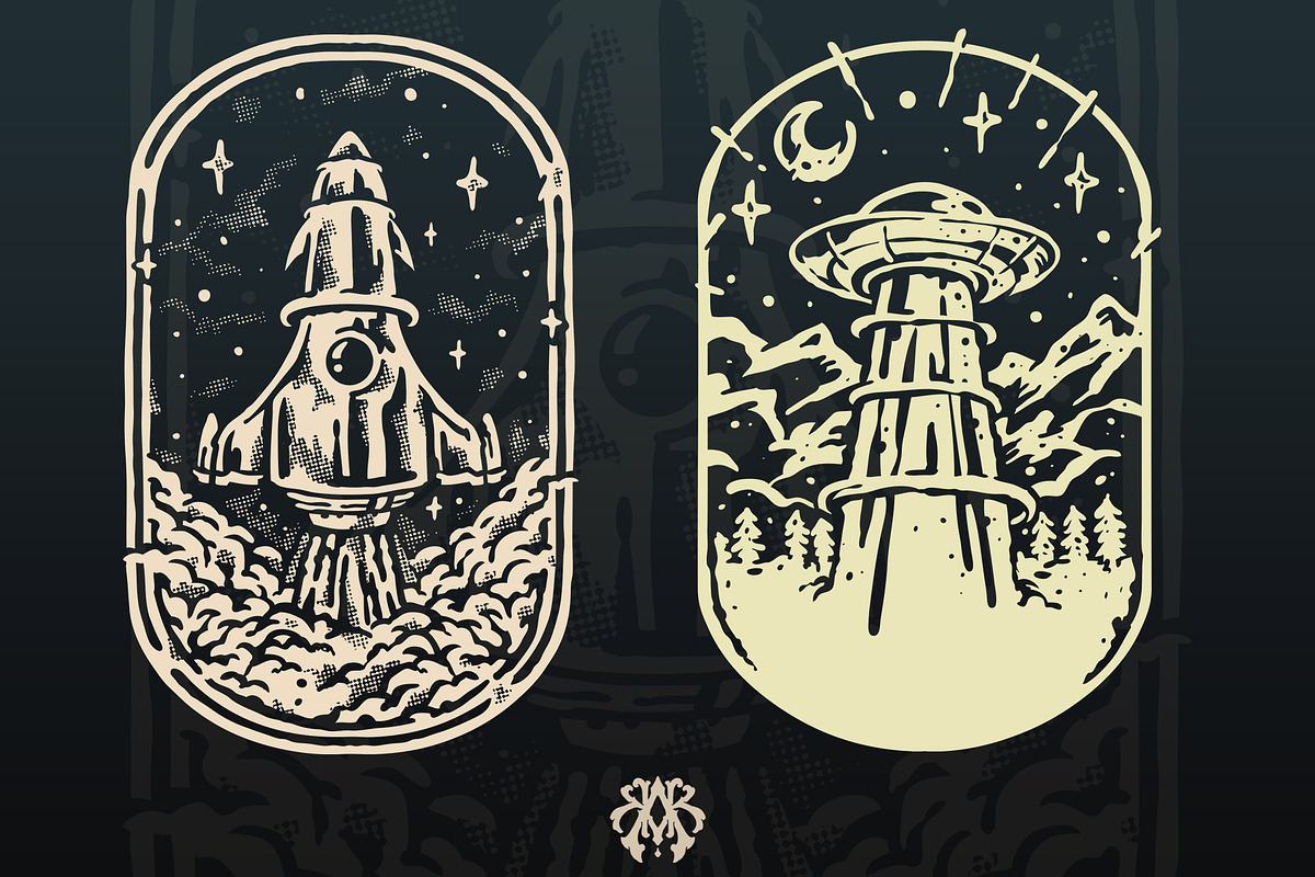 The Rocket & The UFO Vintage Style, a Transportation Illustration by Krizvector Artwork Shop (Photo 1 of 4)
