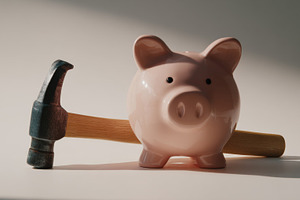 Piggy bank and hammer on table, a Photo by Beautiful things