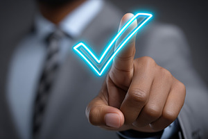 Hand touching a glowing check mark icon for digital confirmation in a professio, a Business Photo by AlyaAnd