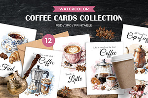Coffee Cards Collection Watercolor, a Card Template by Iryna Denysova
