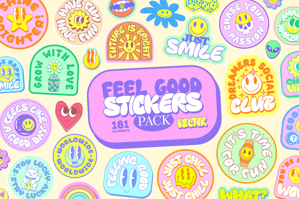 FEEL GOOD STICKERS PACK Y2K DESIGN, an Object Graphic by craftlove (Photo 1 of 10)