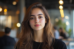 Portrait of a young woman with warm, a Photo by Pixeness Studio