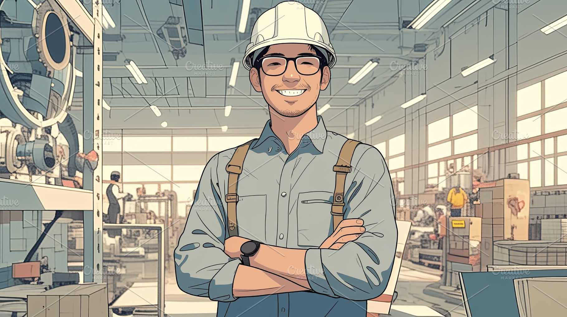 Smiling engineer wearing helmet in a modern industrial manufacturing facility, a Photo by AS photostudio