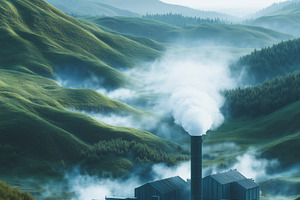 A serene landscape featuring rolling green hills and a factory emitting white s, an Industrial Photo by Textures & Backgrounds