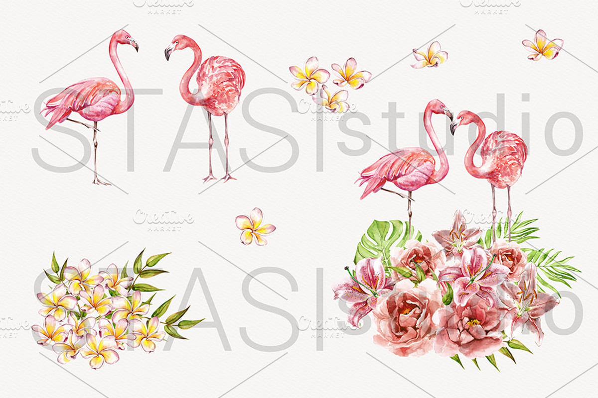 Pink Flamingo Watercolor Clipart, a Decorative Illustration by STASIstudio (Photo 2 of 3)