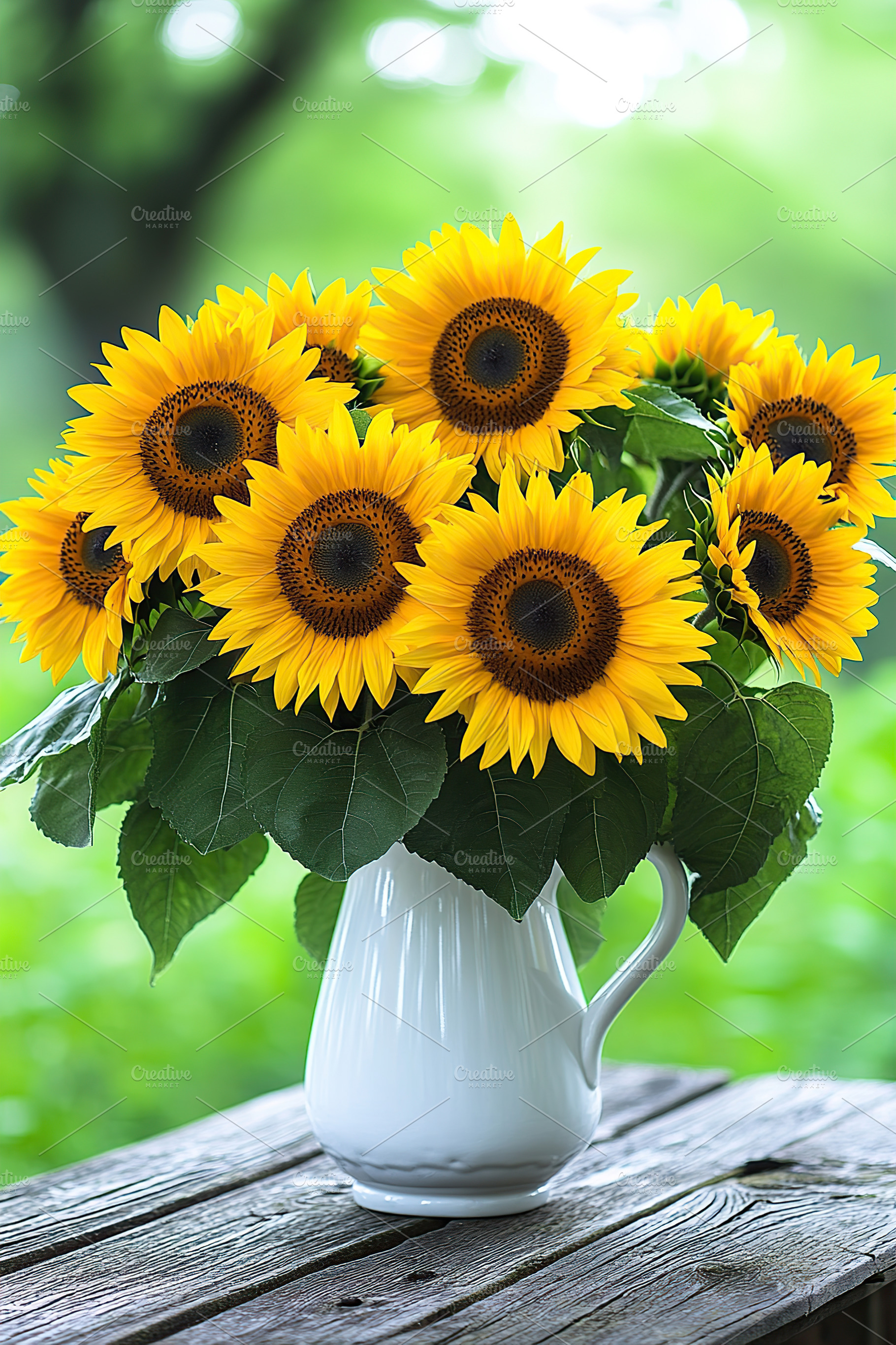 Bright sunflowers arranged in a white ceramic vase for a fresh summer look, a Nature Photo by AlyaAnd