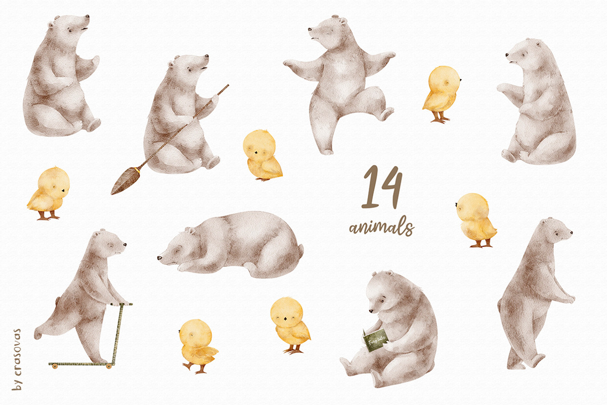 BEAR AND CHICKENS watercolor set, an Animal Illustration by erasovas (Photo 7 of 15)