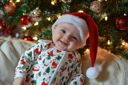Cheerful baby in a Santa hat smiles, a Photo by Tanuart