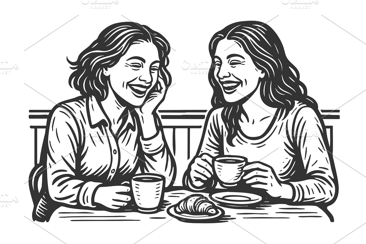 Friends laughing over coffee and, a Person Illustration by AlexArt
