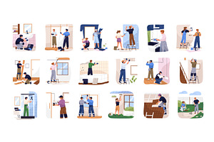 Workers repair houses set, a Person Illustration by PaperTrident