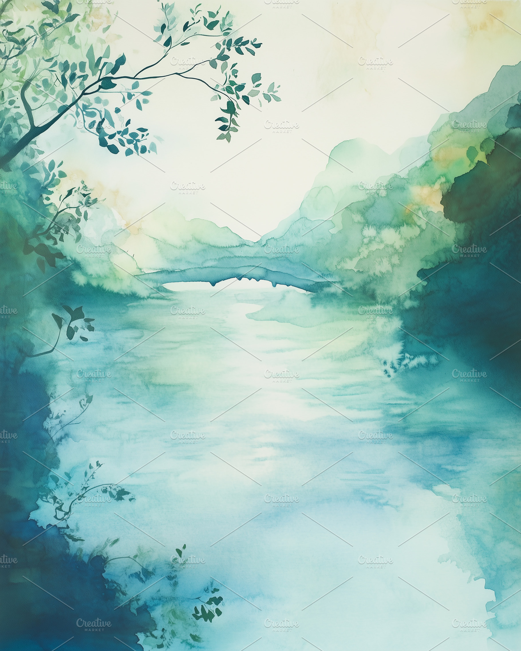 Watercolor greeting card with a rive, an Abstract Photo by Imaginarium