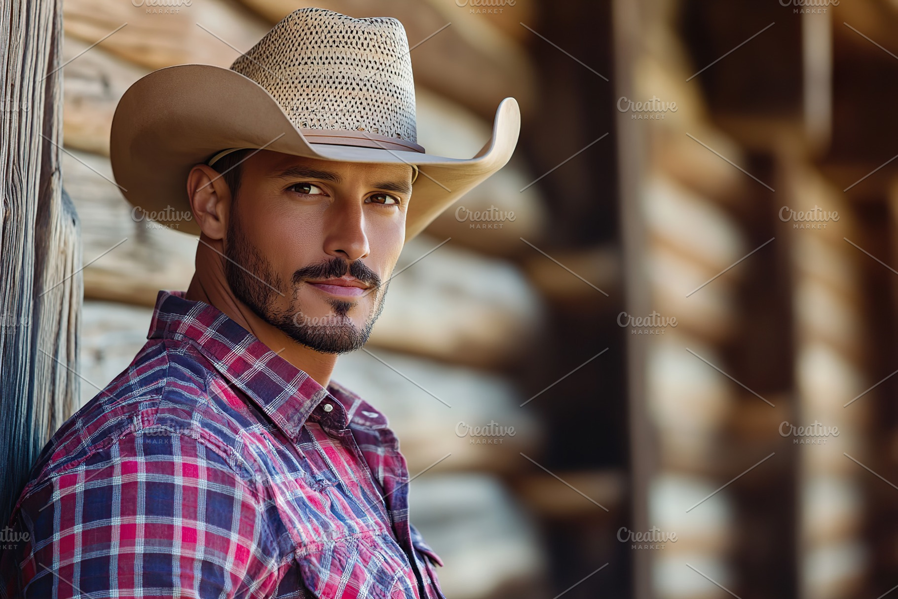 Cowboy in Checkered Shirt at Rustic Lodge Emanating Western Charm in Daylight, a Person Photo by AlyaAnd