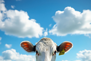 A close-up of a white and black cow standing in a green field under a blue sky, an Animal Illustration by Textures & Backgrounds