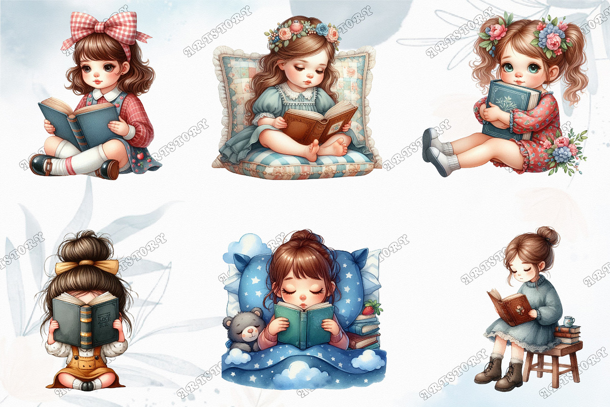 Cute Little Girl Reading Clipart, a Graphic by designcity5 (Photo 3 of 5)