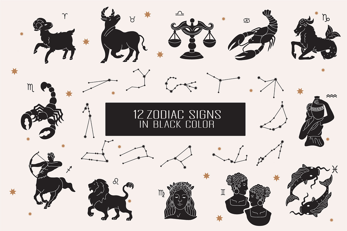 Black and White Zodiac Signs Vector, a Decorative Illustration by Vibérains (Photo 2 of 9)