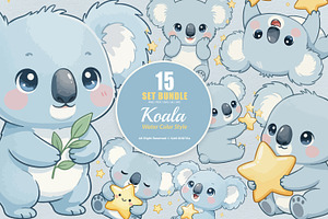 15 Bundle Watercolor Blue Koala Kids, an Animal Illustration by Morspective