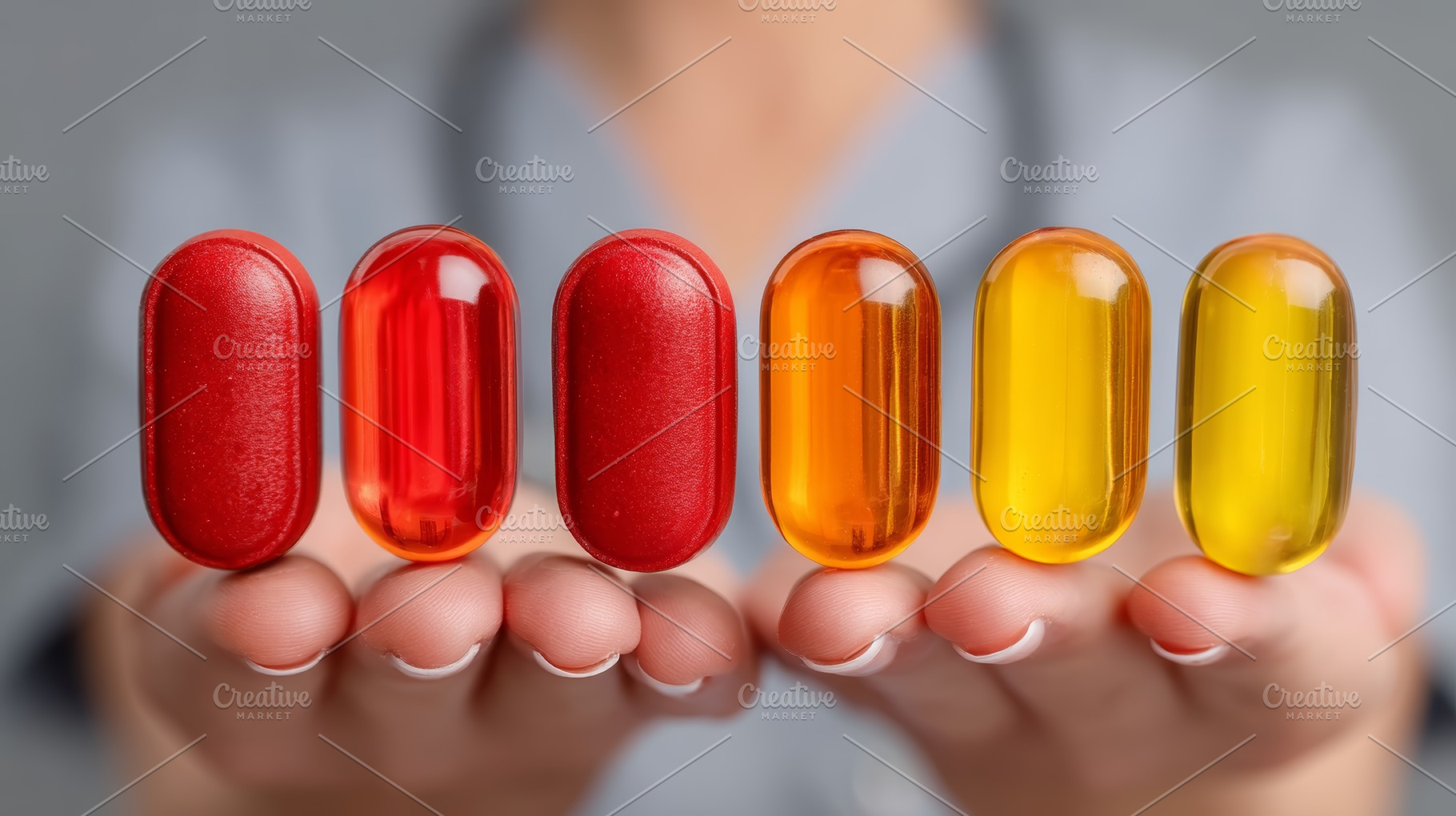Colorful capsules held by hands symbolizing health and medical science innovati, a Health & Medical Photo by AS photostudio