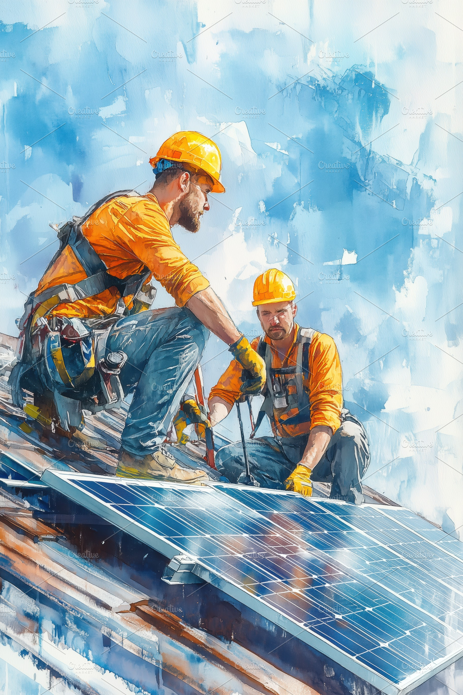 Two construction workers installing solar panels on a roof, wearing safety helm, a Technology Photo by Textures & Backgrounds