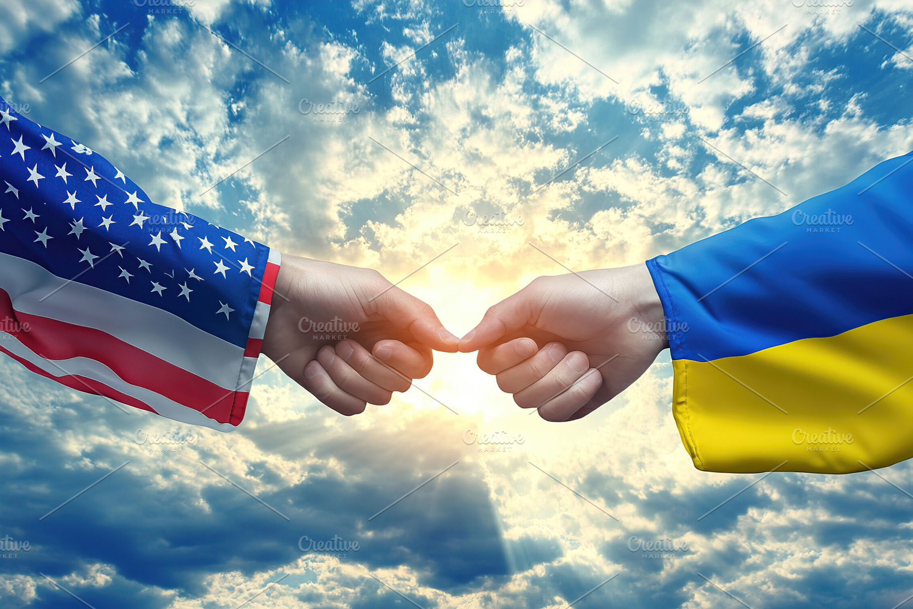 Two hands, one in an American flag and the other in a Ukrainian flag, reach out, an Abstract Photo by AlyaAnd