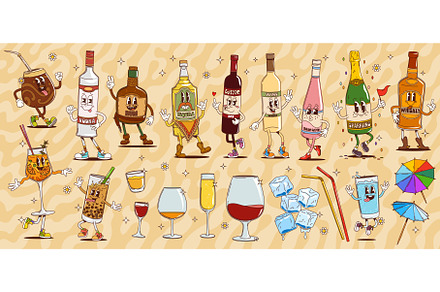 Cartoon groovy alcohol drinks