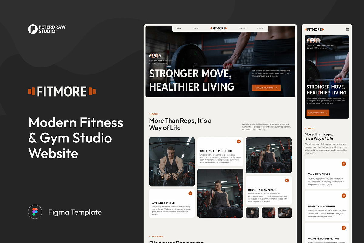 Modern Fitness & Gym Studio Website, an UI Kit Template by peterdraw (Photo 1 of 7)