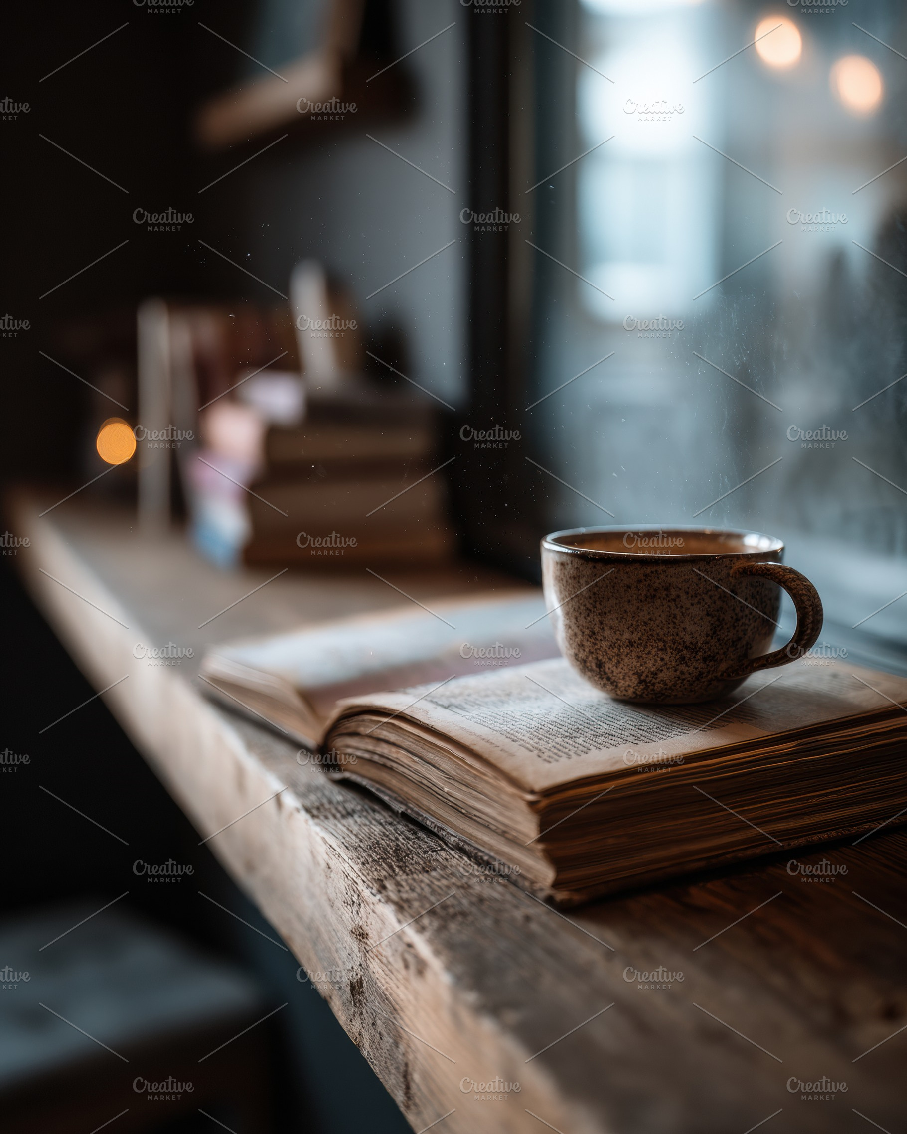 Coffee Cup and Book on Wooden Shelf, a Wallpaper Photo by Virgo Studio
