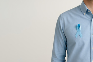 Men health awareness blue ribbon on mans shirt for mens health,, a Photo by Dvoevnore photos