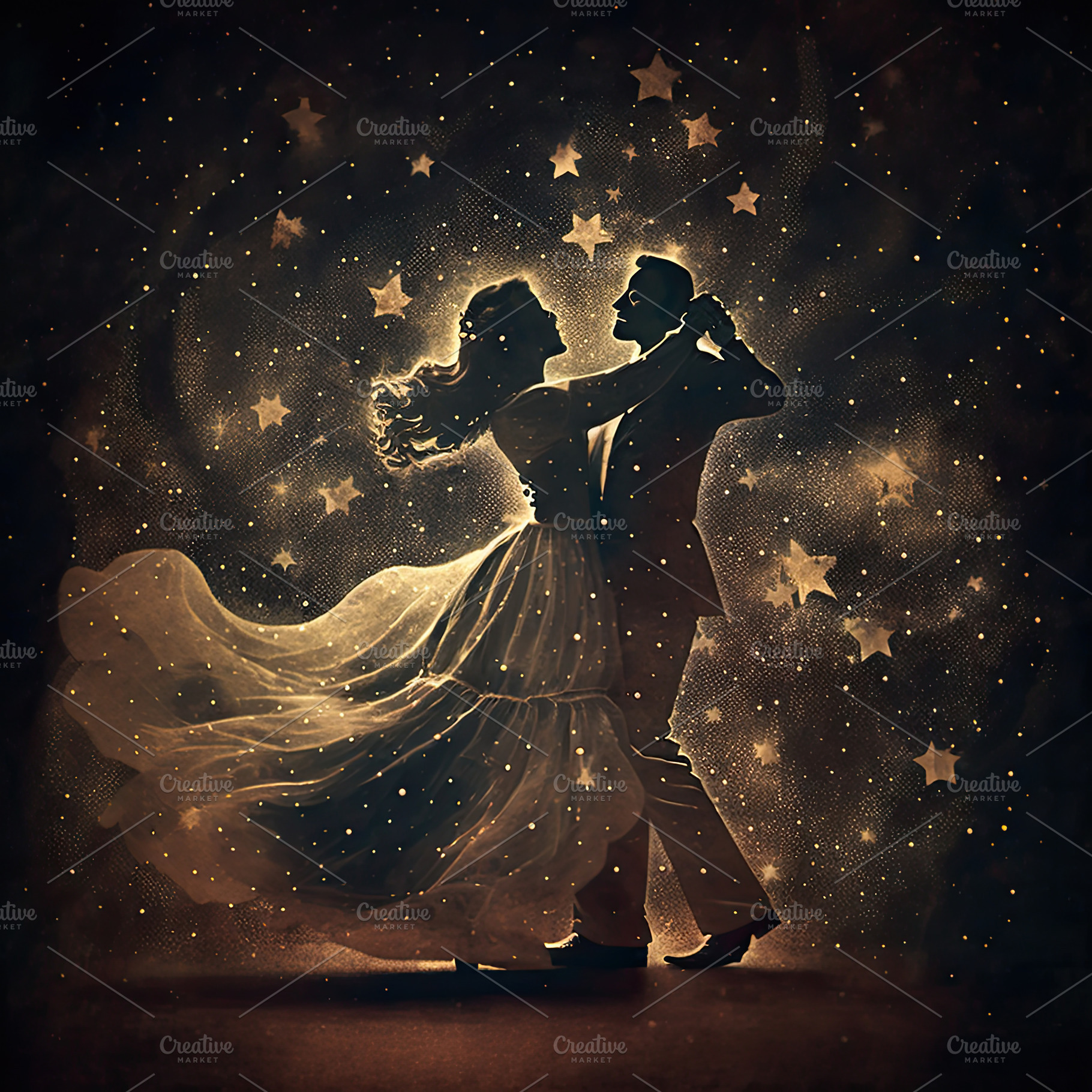 Silhouette of a couple of dancers dancing surrounded by stars in, a Photo by José Manuel Gelpi
