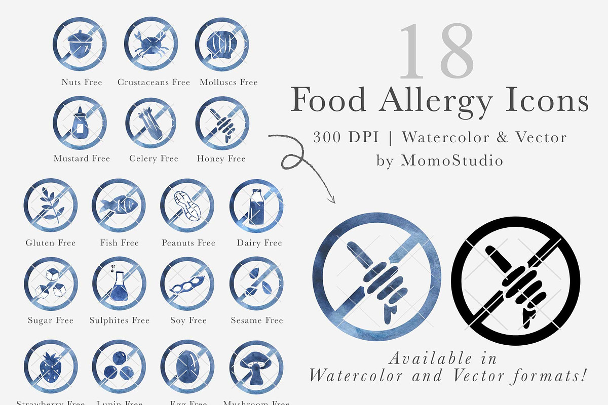 Watercolor Food Allergy Icon Set, a Food Illustration by Momo Studio (Photo 1 of 7)