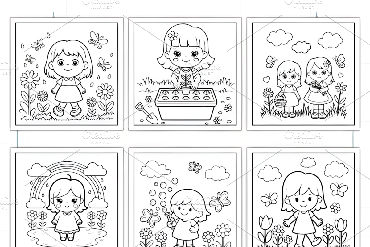 Spring Girl Activities Coloring Page, a Decorative Illustration by Ink Gallery (Photo 7 of 8)