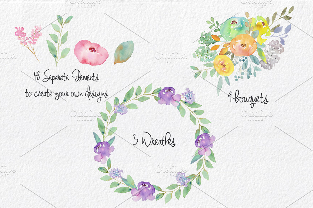 Watercolor Flowers Set Hand painted, an Illustration by MaraquelaStudio (Photo 2 of 9)