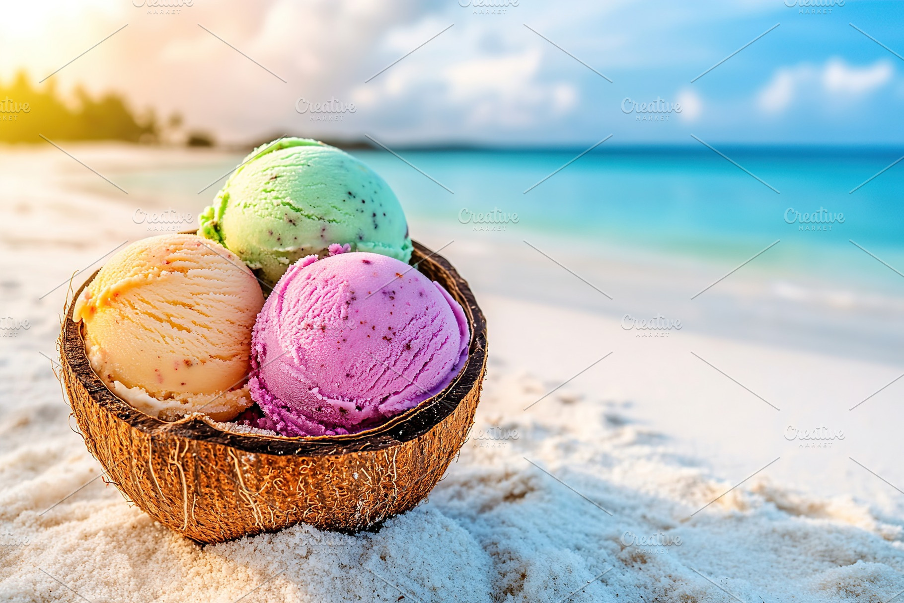 Colorful ice cream scoops served in a coconut shell on a sunny beach, a Food & Drink Photo by AlyaAnd