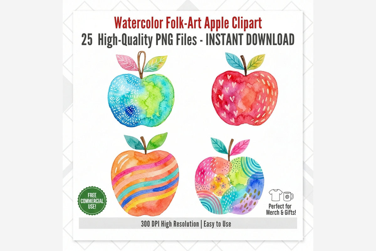 Watercolor Folk Art Apple Clipart, a Seasonal Illustration by Tanya Kart (Photo 10 of 10)