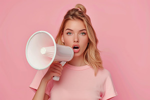 Beautiful woman screaming in megaphone on pink background, a Beauty & Fashion Photo by AlyaAnd