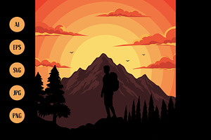 A Hiker Stands Observing the Sunset, a Sport Illustration by Saba Vector