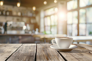 Cup of coffee on table in cafe on blurred background, sunlights and outdoors, a Photo by AlyaAnd