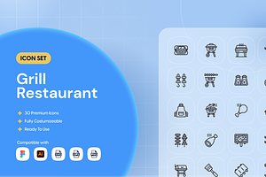 Grill Restaurant Icon Set, an Outline Icon by Nathaya Studio