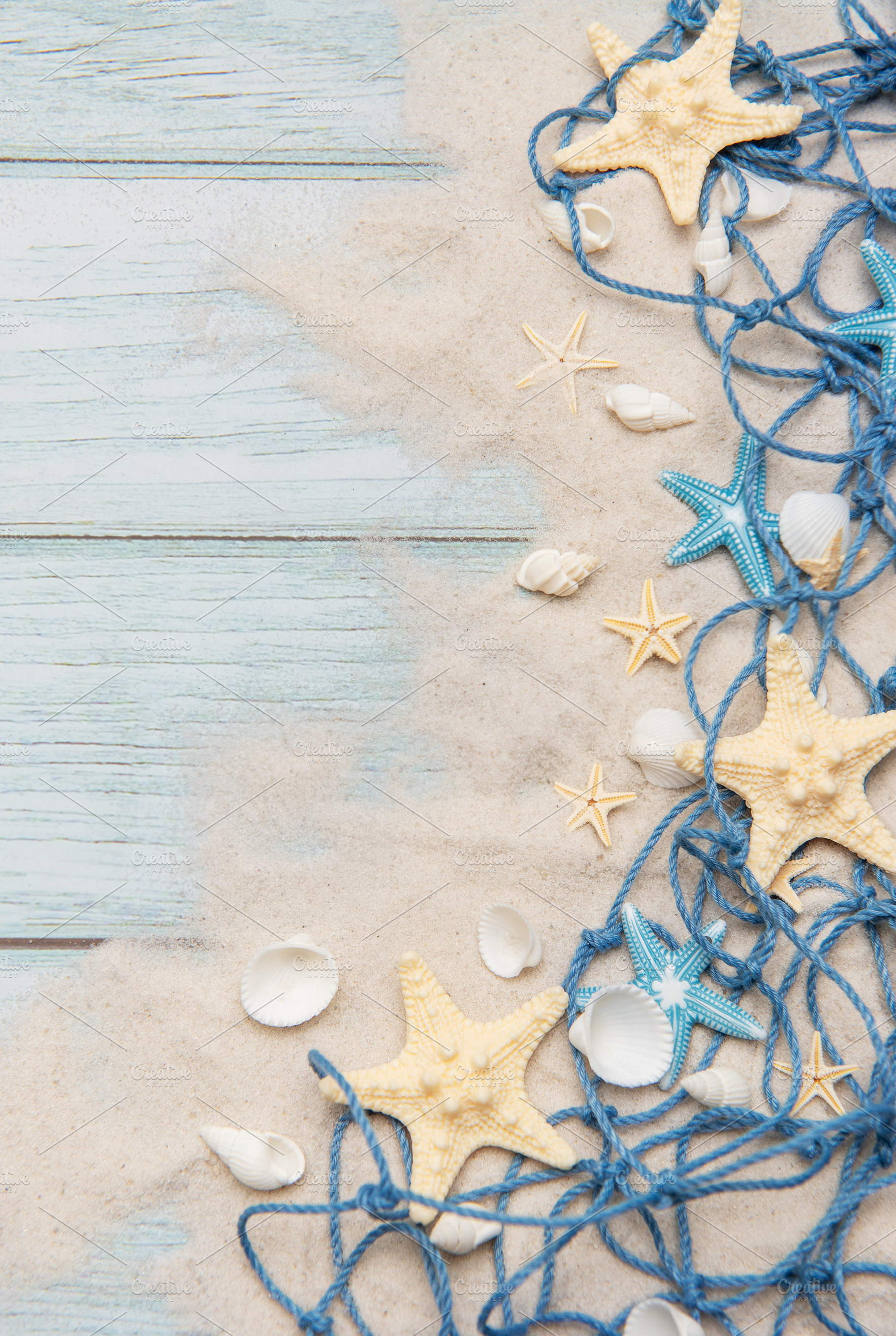 Fishing net, seashells and starfishes creating summer holiday bo, a Holiday Photo by Olena Rudo