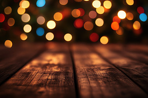 Festive bokeh lights wooden backgrou, a Background Photo by Pixeness Studio